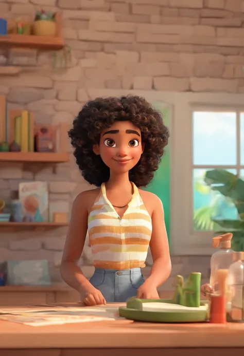 An illustration of a girl at home with fair skin with curly hair resembling moana with Disney pixel animation