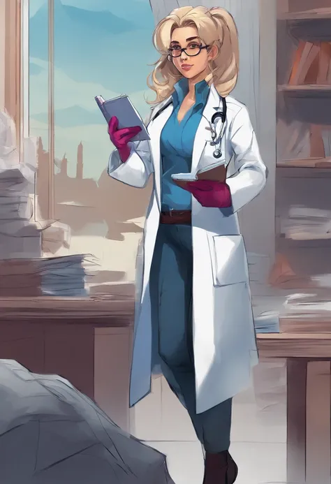 1 mulher, , medic, cabelos loiros muito claros, cabelo de rabo de cavalo para baixo, Olhar manhoso, franzir , White lab coat, camisa azul, blue gloves reading clipboard