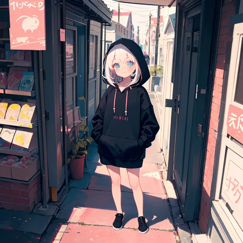 masterpiece, best quality, 1girl, white hair, medium hair, looking at viewer, :3, cute, pink pupils, ((black hoodie)), flat, flat colors, outdoors, intricate lightinging, full body, portrait