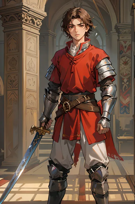 A 17-year-old teenage boy, a boy swordsman, wears a sword, height 1.7m, weight 70kg, light skin tone, without a beard, without a goatee, no facial hair, no body hair, brown hair color, straight hair, pointed ears, medieval knights silver armor, red clothes