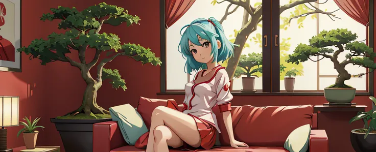 anime girl sitting on a red couch in a room with a bonsai tree, anime style 4 k, seductive anime girl, best anime 4k konachan wallpaper, mikudayo, anime art wallpaper 8 k, anime art wallpaper 4 k, anime art wallpaper 4k, 4k anime wallpaper, beautiful anime...