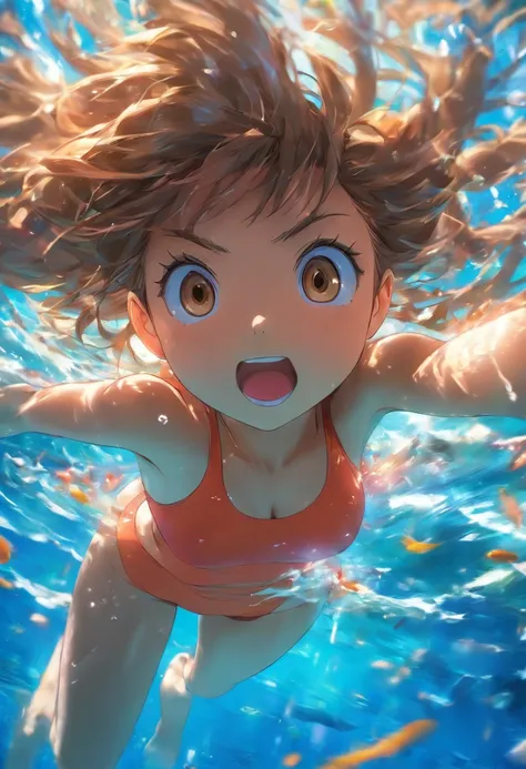 foreshortening,  profundidade de campo, master part, best quality, 1girl, brown hair, olhos castanhos,  cabelos longos, underwater, bolha de ar, sozinho, Olhando para o Viewer, school school swimsuit, swimming,  luz solar fraca,