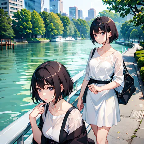 Two Japan women taking photos in a park on the Sumida River in Japan、She was a 27-year-old woman with loose, fluffy short hair and small breasts、One is a 31-year-old woman with small breasts and a dark brown lob...The two are having fun、small tits、Small、di...