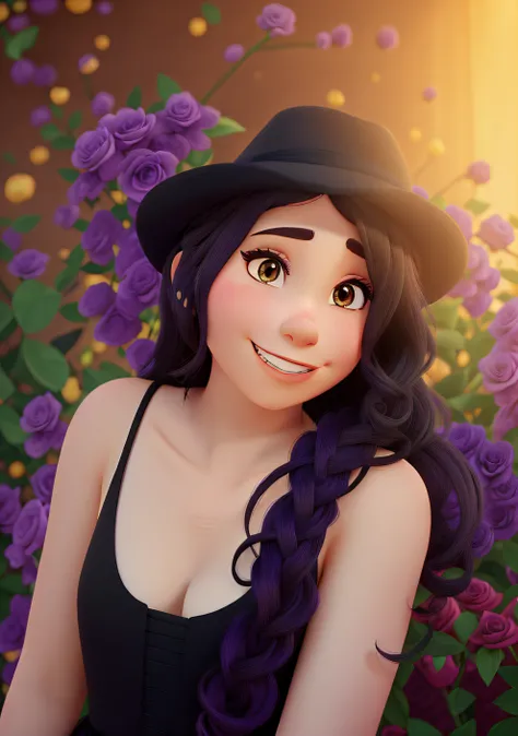 A girl in black hat and black outfit with purple roses background in disney pixar style, alta qualidade, melhor qualidade