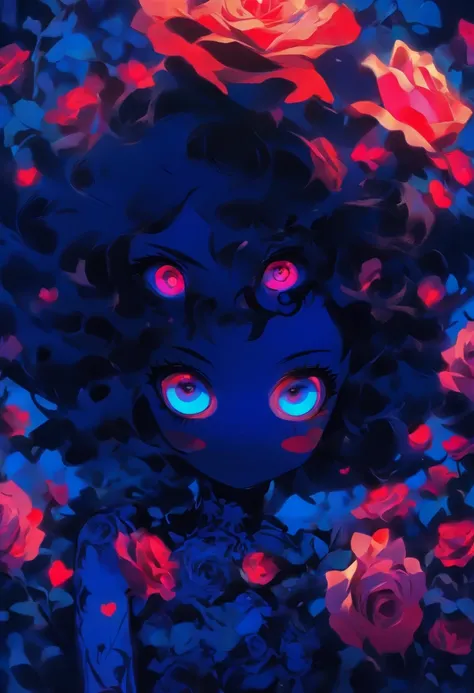 A doll like girl with child like proportions and a lifeless yet dazzling eye the other eye is covered with a flower shaped eye patch. She wears a black dress adorned with navy blue roses. She looks up at you curiously