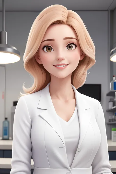 Uma mulher de 31 anos, mulatacom longos cabelos pretos e lisos, Rosto redondo, sorriso encantador, e olhos castanhos, Wearing a white coat in the chemistry lab.