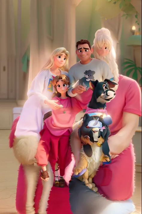 Um homem, um menino, uma mulher e um cachorro no estilo Disney pixar, alta qualidade, melhor qualidade