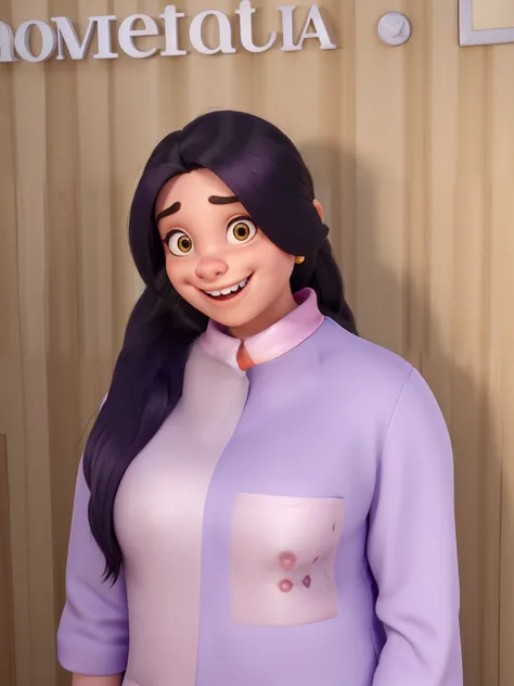 Uma dentista (mulher) de cabelo castanho claro e liso, usa um jaleco roxo com figuras de fadas do dente, Childrens Dentist Office Background, inserir asas de fada na mulher, diney pixar, alta qualidade, melhor qualidade