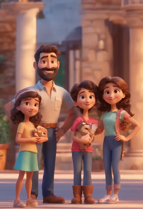 Estilo Pixar: Familia, one dad brunette wth beard, A mother and two girls. Uma menina de 6 anos e outro de 3 anos . Uma fazenda com vacas lindas e marrom .