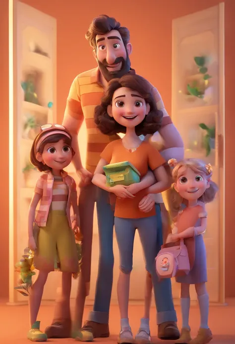 Estilo Pixar: Familia, one dad brunette wth beard, A mother and two girls. Uma menina de 6 anos e outro de 3 anos . Uma fazenda com vacas lindas e marrom .