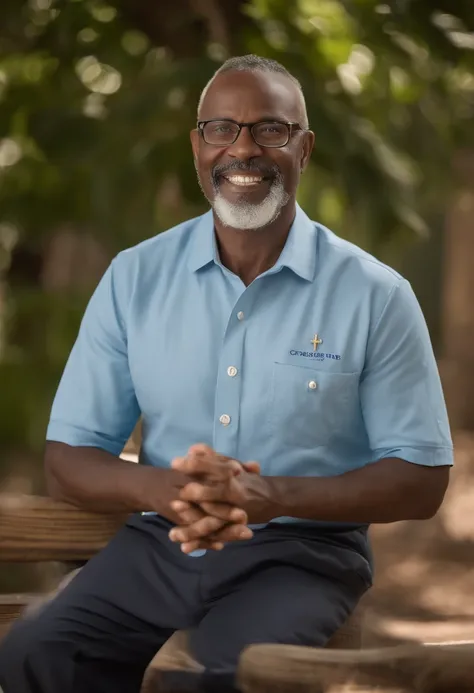 Presenting a 52-year-old Brazilian evangelical pastor, dark-skinned, tall, with little hair and a gray beard, his body is neither thin nor fat, wearing light blue square-framed glasses, with a blue shirt. button on the left side a pocket and on the pocket ...