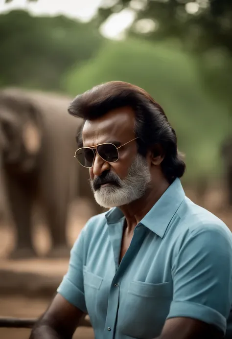 Rajinikanth, no beard, no mustache, side parting hair, blue shirt, zoo in background.