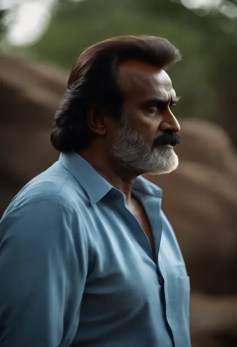 Rajinikanth, no beard, no mustache, side parting hair, blue shirt, zoo in background.