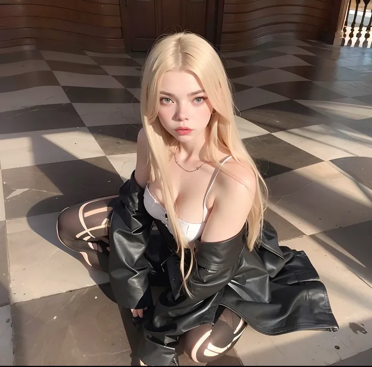 Blonde woman in black leather dress sitting on a checkered floor, Taran Dasha, Yelena Belova, Vestido Anya Taylor - Joy, Deusa loira, Anna Nikonova aka Newmilky, Anya Taylor alegria, Estilo de Julia Razumova, Alexandra Waliszewska, Anya Taylor-Alegria, Any...