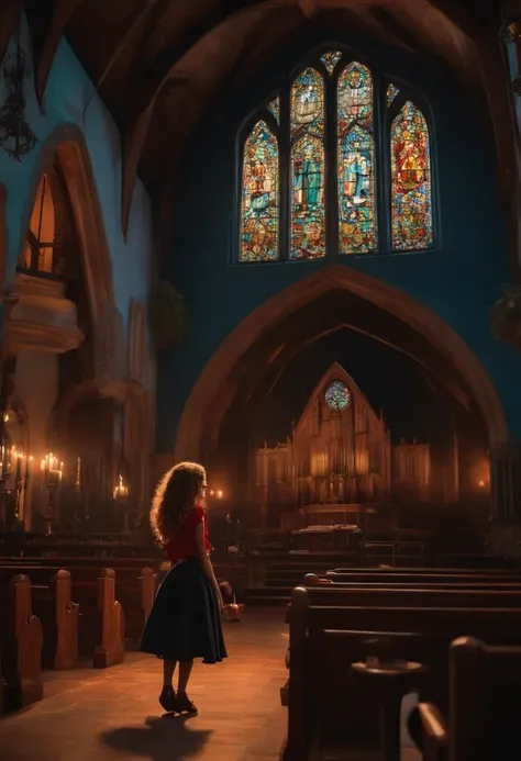 Um filme inspirado na Disney Pixar (MENINA BRANCA JOVEM COM CABELO LONGO  PRETO) dentro DE UMA IGREJA cena estar na arte distinta do estilo PIXAR, descolada e estilosa