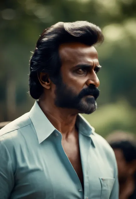 Rajinikanth, Sem barba, sem bigode, Side Parting Hair, camisa azul, Zoo in the background.