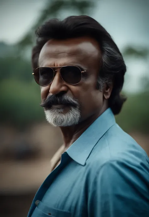 Rajinikanth, Sem barba, sem bigode, Side Parting Hair, camisa azul, Zoo in the background.