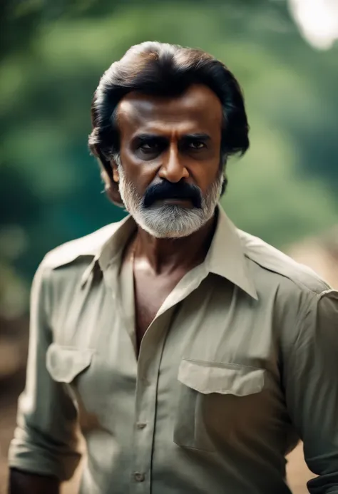 Rajinikanth, Sem barba, sem bigode, Side Parting Hair, camisa azul, Zoo in the background.