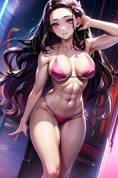 ((1 adult girl)), adult body, seductive face, good lighting, fine details, bright eyes, (light pink eyes), black hair, purple eyes, (eye reflection), (detailed eyes), bamboo, (( (Nezuko Kamado))), beach scene, hot sun, full body, wide hips, medium breasts,...