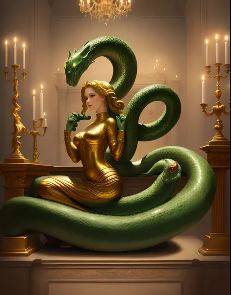 A green serpent coiled around a golden candelabra in the style of a romantic era painting