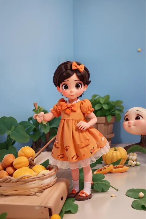 brunette girl baby, de roupa laranja, Black and short hair with bow, no estilo pixar, alta qualidade