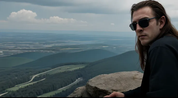 White male, height 2 meters, good looking, marked facial features, long hair that falls down the forehead, wears dark glasses and black clothing similar to the character BLADE. It sits on top of a mountain looking out at the horizon