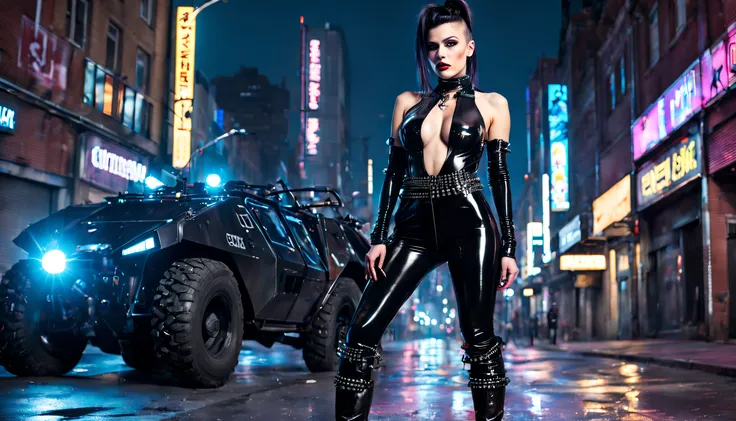 cyberpunk woman big fake tits wearing black shiny low-cut pvc jumpsuit , wearing thigh high boots , chains , spikes and studs , in cyberpunk street with battle tank , inlightened with neons