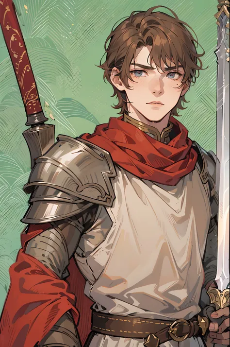 A 17-year-old teenage boy, a boy swordsman, wears a sword, height 1.7m, weight 70kg, light skin tone, without a beard, without a goatee, no facial hair, no body hair, brown hair color, straight hair, pointed ears, medieval knights silver armor, red clothes