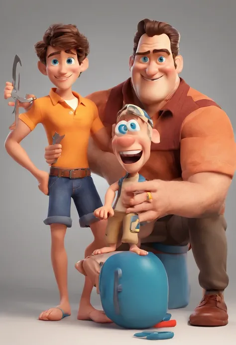 Estilo Pixar: The grown man is holding a naked blue-eyed boy and in his other hand he is holding a pair of scissors and is trying to cut off the boys testicles,3D Poster,Disney