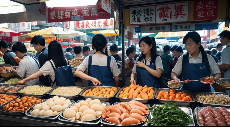 Bustling fish market, People rush to the seafood stalls with large bags full of various seafood products, The price tags on the stalls show exorbitant numbers, People buy like crazy, ,in the style of the stars art group xing xing, 32K, Best quality, Master...