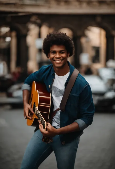 crie um banner no estilo Pixar. A young man with Angolan characteristics, moreno pardo com cabelos curtos, pretos escuros, Curly and slightly grayish appearance, mas jovem, usando uma camiseta preta, Wearing jeans and holding a classical guitar with 7 stri...