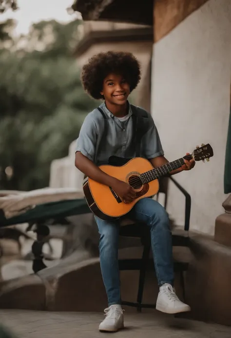 crie um banner no estilo Pixar. A young man with Angolan characteristics, moreno pardo com cabelos curtos, pretos escuros, Curly and slightly grayish appearance, mas jovem, usando uma camiseta preta, Wearing jeans and holding a classical guitar with 7 stri...