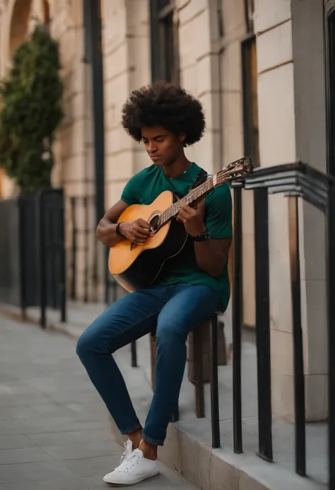 crie um banner no estilo Pixar. A young man with Angolan characteristics, moreno pardo com cabelos curtos, pretos escuros, Curly and slightly grayish appearance, mas jovem, usando uma camiseta preta, Wearing jeans and holding a classical guitar with 7 stri...