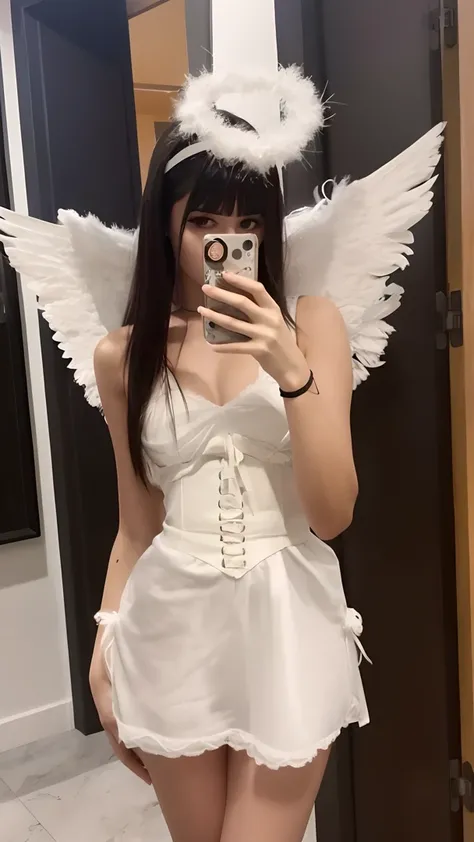 Araffe vestida com um espartilho branco e asas de anjo tirando uma selfie, vestindo anjo, usando halo de anjo, angel themed, possivelmente um anjo, Tema de anjo, vestindo o rosto coberto de halo de anjo, epic angel wings, Anjo majestoso de corpo inteiro, a...