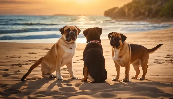 Take a photo with 4 cats, 1 beagle dog and 1 pug dog in Sunny Beach in realistic style