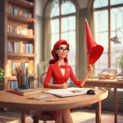 Crie um cartaz inspirado na Disney Pixar  com  uma mulher de vestido  apertado com decote,Redhead in secretary style glasses in red outfit with pen in mouth,sentada sobre a mesa,pernas cruzadas