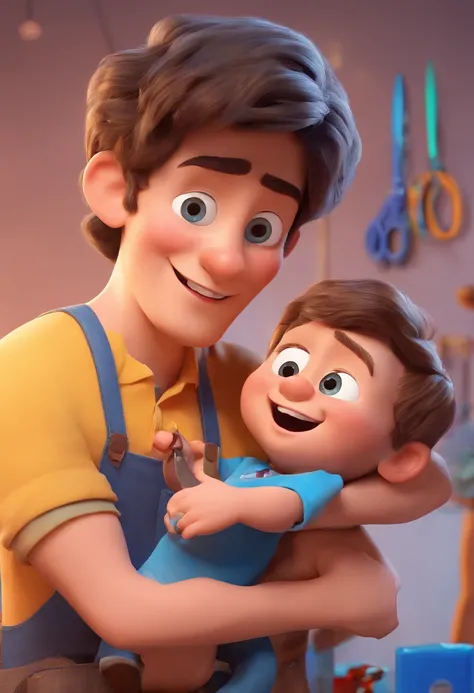 Estilo Pixar: The grown man is holding a naked blue-eyed boy and in his other hand he is holding a pair of scissors and is trying to cut off the boys testicles,3D Poster,Disney