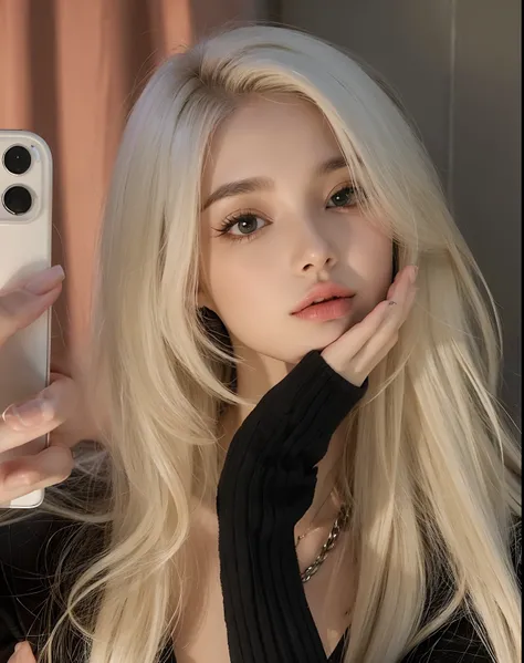 Mulher loira com cabelo comprido tirando uma selfie em frente a um espelho, ava max, menina perfeita de cabelos brancos, her hair is white, menina com cabelo branco, longos cabelos loiros e olhos grandes, com cabelos longos brancos, longos cabelos brancos ...