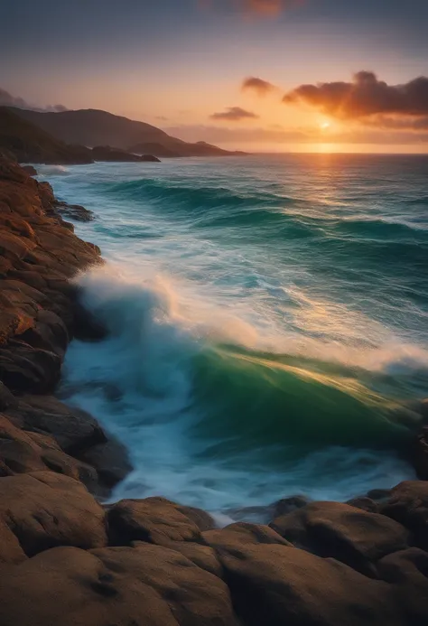 Uma praia meio dia, ensolarado, ondas no mar, estilo anime