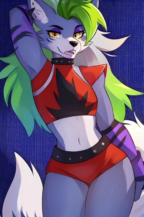 best quality, fnafroxanne, furry female, body fur, makeup, wolf ears, wolf tail, grey hair, green hair, yellow eyes, crop top,