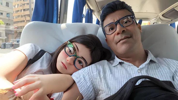 Father and daughter in the square. The daughter is a little shorter than the father, pele clarinha, cabelos lisos, longos com as pontas douradas, Wears transparent glasses with rounded frames. The father has brown skin the color of a Brazilian Indian, cabe...