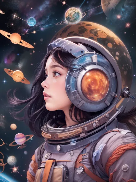 Imagine a space girl exploring the cosmos. Create a vivid and captivating visual or written depiction of her interstellar adventure, complete with the wonders she encounters, the technology she wields, and the cosmic beauty that surrounds her.