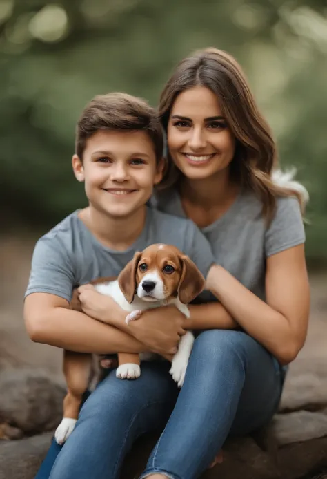 Pixar. Casal com um filhote de cachorro beagle marrom. A menina tem os cabelos pretos amarrados, Camiseta cinza e jeans claro. O menino de cabelos pretos com cabelos grisalhos, barba grande preta e grisalha , oculos, Dark blue jeans and gray t-shirt. They ...