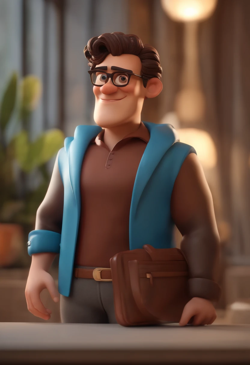 Personaje de dibujos animados de un hombre con gafas negras, dark brown curly hair and a blue shirt, animation character, stylized character, Rendering animation styles, 3D estilizado, Arnold Maya render, 3D render estilizado, Toon renderizar keyshot, Pers...