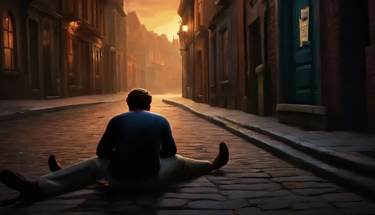 Create a graphic art of a young millionaire witnessing the murder of his parents by a criminal in a dark alley, in the style of Disney Pixar. The scene shows the young millionaire screaming and crying, while the criminal runs away. The scene ends with him ...