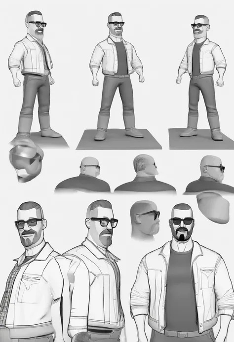 Cartoon character of a man with a shaved head and a big closed beard, with black glasses and black shirt, animation character, Caractere estilizado, animation style rendering, 3D estilizado, Arnold Maya render, 3 d render stylized, toon render keyshot, Per...