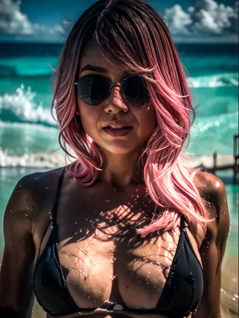 1Girl in cancun beach with pink hair and grey eyes, fancy black swimsuit, professional shot, naughty face, Hyperrealism, Nikon, multiple views, UHD, anatomically correct, highres, sunglasses,