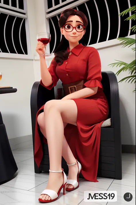 Woman in glasses and long red dress sitting