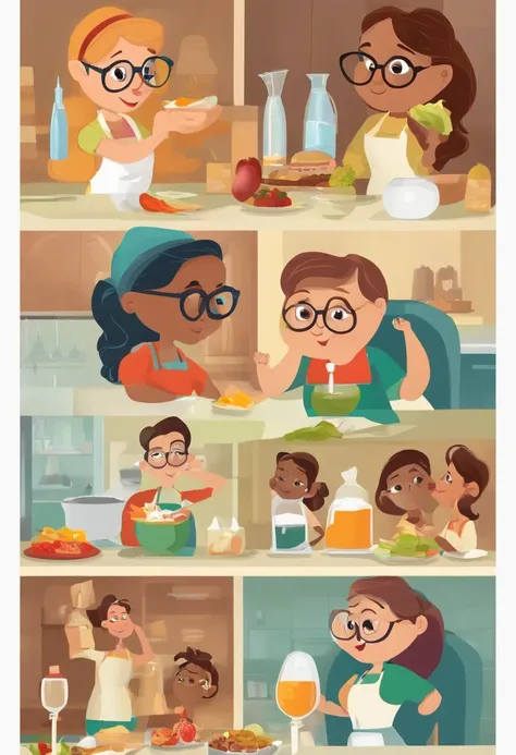 Create a poster in the style of Disney PIXAR movies 
The setting should be a nutrition clinic, com cores claras. A imagem principal deve ser de uma nutricionista jovem, de pele morena clara, cabelos lisos escuros chanel, sorriso no rosto. Wearing glasses a...