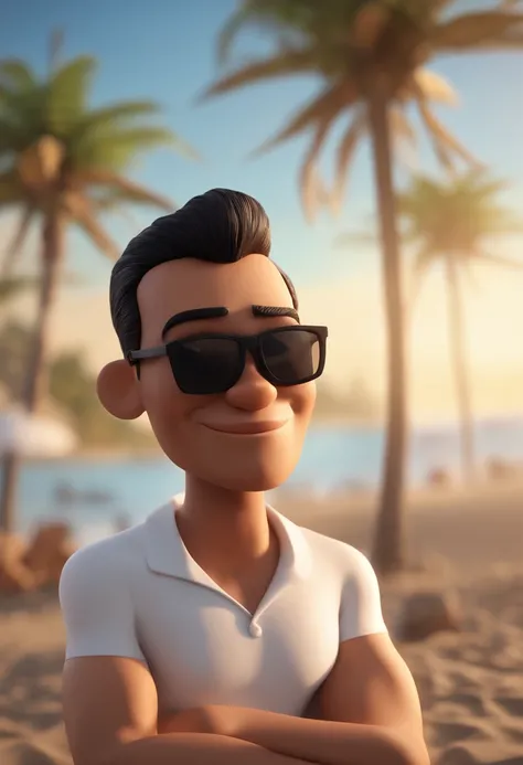 Cartoon character of a man with black and grow hair and a white shirt, and black sunglasses with a beach in the back , animation character, Caractere estilizado, animation style rendering, 3D estilizado, Arnold Maya render, 3 d render stylized, toon render...